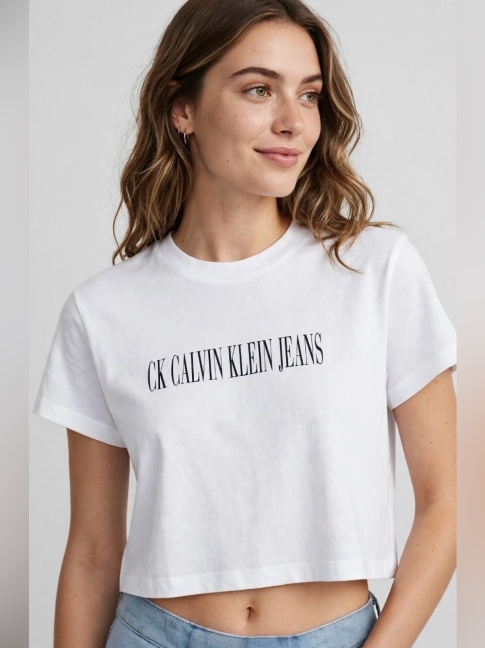 Calvin Klein Jeans White Tee with Black Logo Print Cropped Vintage OS